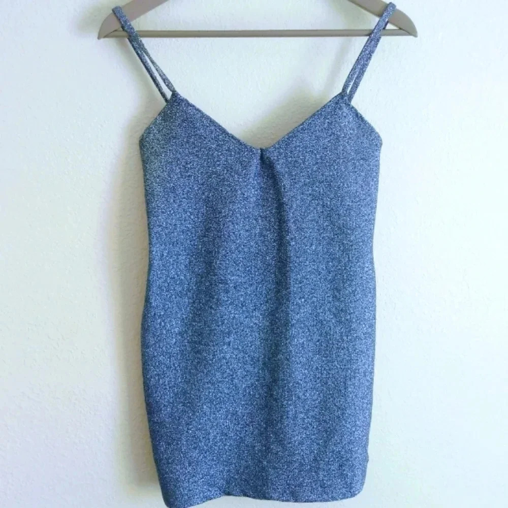 Zara Trafaluc Glitter Spaghetti Strap Mini Dress-Small-Fitted-Lined-Blue Silver
